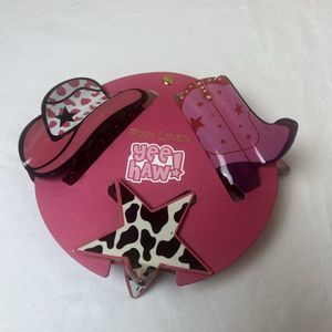 NWT SET 3 PINK LINEN YEE HAW! HAIR CLIPS COWBOY HAT-STAR-HAT
